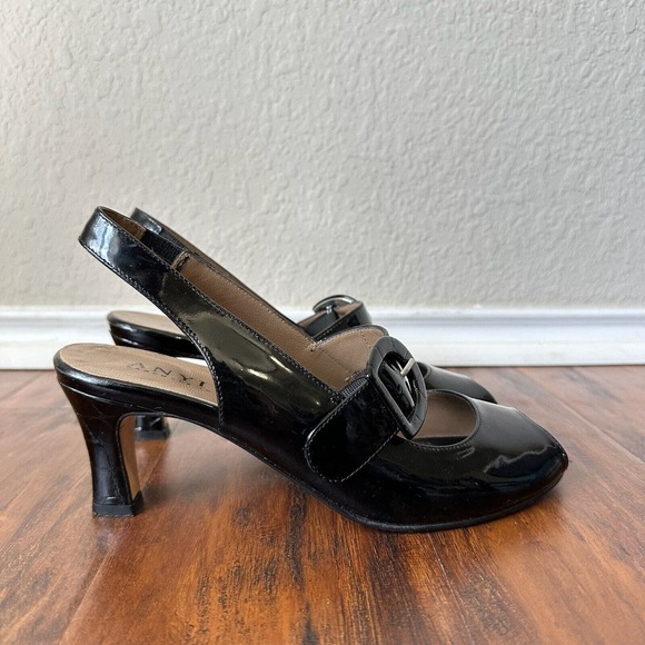 ANYI LU Tulip Slingback Heels Mary Jane in Black Patent Leather - Picture 1 of 12